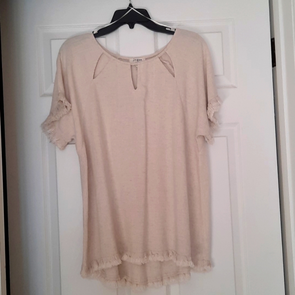 Umgee Small Cut Out Fringes Beige Short Sleeve Top